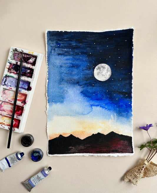 Full Moon & Stars Original Watercolour Painting – Hand-Painted Artwork