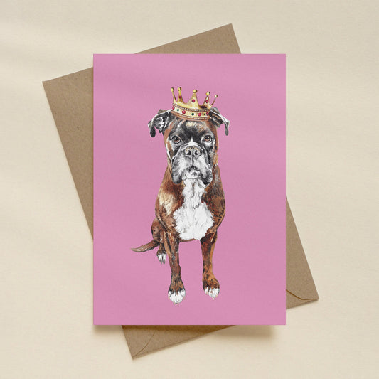 Boxer Dog Birthday Card - Watercolour Illustration with Crown
