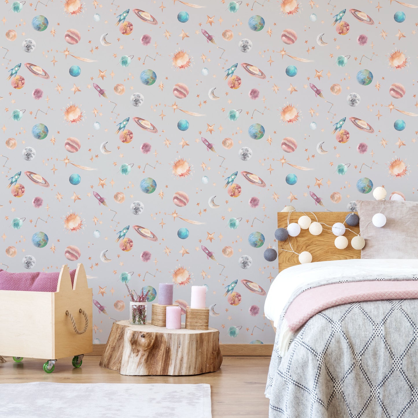 Watercolour Planet Wallpaper | Solar System, Stars & Rockets | Kids Bedroom