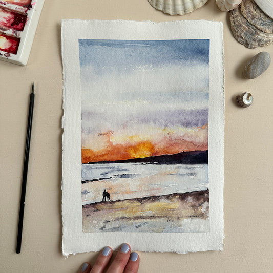 Original Watercolour Sunset Devon Beach – Hand-Painted Artwork