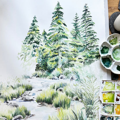 Watercolour painting of a forest scene with trees, stream, and grass.